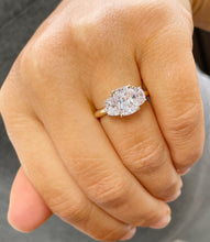 Load image into Gallery viewer, Beautiful 14k Solid Yellow Gold Cushion And Half Moon Cut Moissanites Engagement Ring Bridal Wedding, Three Stone Style 3.00ct