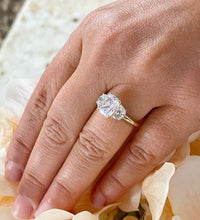 Load image into Gallery viewer, Beautiful 14k Solid Yellow Gold Cushion And Half Moon Cut Moissanites Engagement Ring Bridal Wedding, Three Stone Style 3.00ct