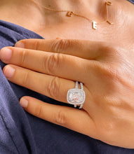 Load image into Gallery viewer, Stunning 14k Solid White Gold Cushion And Round Cut Simulated Diamond Engagement Ring And Band Double Halo Bridal Wedding Set 3.00ctw