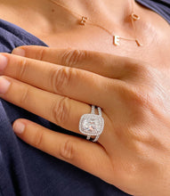 Load image into Gallery viewer, 14k Solid White Gold Cushion Cut Forever One Moissanite And Round Cut Natural Diamond Engagement Ring And Band Double Halo Bridal Set 2.75ct