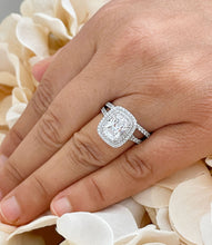 Load image into Gallery viewer, Stunning 14k Solid White Gold Cushion And Round Cut Simulated Diamond Engagement Ring And Band Double Halo Bridal Wedding Set 3.00ctw