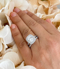 Load image into Gallery viewer, Stunning 14k Solid White Gold Cushion And Round Cut Simulated Diamond Engagement Ring And Band Double Halo Bridal Wedding Set 3.00ctw