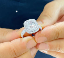 Load image into Gallery viewer, Stunning 14k Solid White Gold Cushion And Round Cut Simulated Diamond Engagement Ring And Band Double Halo Bridal Wedding Set 3.00ctw