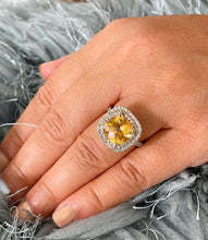 Load image into Gallery viewer, 14K Solid Yellow Gold Cushion Cut Yellow Citrine and Round cut Natural Diamonds Engagement Ring Double Halo Split Shank 4.80ct