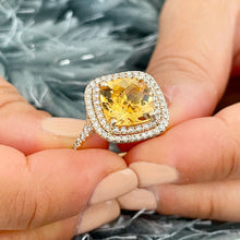 Load image into Gallery viewer, 14K Solid Yellow Gold Cushion Cut Yellow Citrine and Round cut Natural Diamonds Engagement Ring Double Halo Split Shank 4.80ct