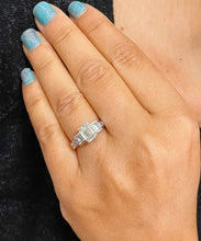 Load image into Gallery viewer, 14k Solid White Gold Emerald Cut Moissanite And Princess and Baguettes Natural Diamond Engagement Ring Three Stone Style Prong Set 2.75ct