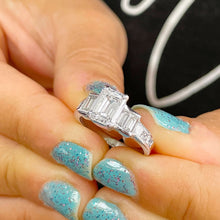 Load image into Gallery viewer, 14k Solid White Gold Emerald Cut Moissanite And Princess and Baguettes Natural Diamond Engagement Ring Three Stone Style Prong Set 2.75ct