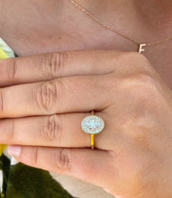 Load image into Gallery viewer, 14k Solid Yellow Gold Oval and Round Cut Simulated Diamond Engagement Ring Halo Bezel Art Deco Bridal High Quality Finish 1.20ct