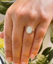 Load image into Gallery viewer, 14K Yellow Gold Oval Cut Moissanite And Natural Round cut Diamond Engagement Ring Bezel Set, Halo, Bridal 1.20ct