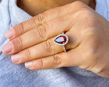 Load image into Gallery viewer, Beautiful 14K Solid Yellow Gold Natural Garnet Pear Shape And Round Cut Simulated Diamonds Engagement Ring Halo 3.80ct