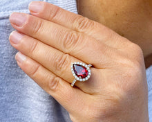 Load image into Gallery viewer, Beautiful 14K Solid Yellow Gold Natural Garnet Pear Shape And Round Cut Simulated Diamonds Engagement Ring Halo 3.80ct