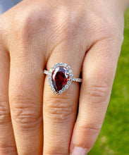 Load image into Gallery viewer, 14K Solid Yellow Gold Natural Garnet Pear Shape And Round Cut Natural Diamonds Engagement Ring Halo 3.80ct
