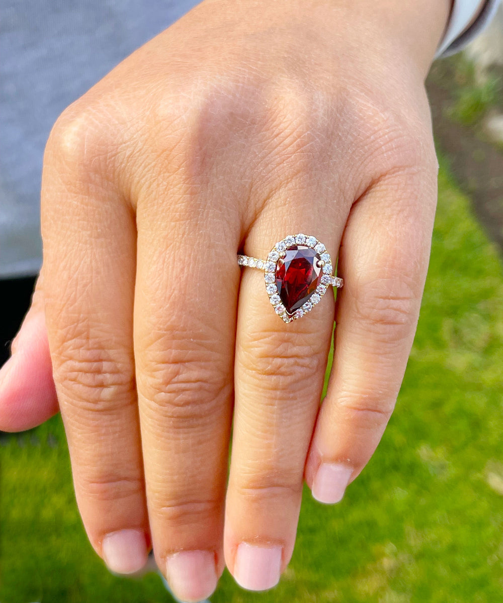 14K Solid Yellow Gold Natural Garnet Pear Shape And Round Cut Natural  Diamonds Engagement Ring Halo 3.80ct