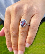 Load image into Gallery viewer, Beautiful 14K Solid Yellow Gold Natural Garnet Pear Shape And Round Cut Simulated Diamonds Engagement Ring Halo 3.80ct