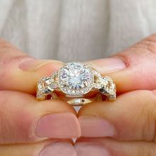 Load image into Gallery viewer, Beautiful 14k Solid Yellow Gold Round Forever One Moissanite And Natural Round Cut Diamond Engagement Ring Halo Prong Set 2.10ctw