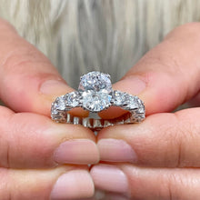 Load image into Gallery viewer, IGI Certified Eternity Style 14K Solid White Gold Oval and Round Cut Diamond Prong Halo Engagement Ring Bridal Set 5.00ct F-VS2
