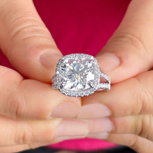 Load image into Gallery viewer, Large 14k Solid White Gold Cushion Cut Moissanite and Round Cut Natural Diamond Engagement Ring Halo, Split Shank 5.70ctw