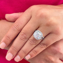 Load image into Gallery viewer, Large 14k Solid White Gold Cushion Cut Forever One Moissanite and Round Cut Natural Diamond Engagement Ring Halo, Split Shank 5.70ctw