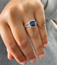 Load image into Gallery viewer, 3.50 Carat Cushion Sapphire and Round Cut Simulated Diamonds Engagement Ring Bridal Wedding Set in 14K Solid White Gold