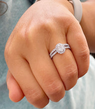 Load image into Gallery viewer, 14K Solid White Gold 1.80ct Oval and Round, Prong Deco Halo, Engagement Ring, Bridal Style, Simulated Diamond, Wedding Ring and Band Set