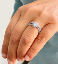 Load image into Gallery viewer, 14k Solid White Gold Oval and Round Cut Forever One Moissanite and Diamond Engagement Ring And Band Halo, Bridal, Wedding 1.80ctw