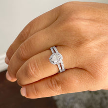 Load image into Gallery viewer, 14K Solid White Gold 1.80ct Oval and Round, Prong Deco Halo, Engagement Ring, Bridal Style, Simulated Diamond, Wedding Ring and Band Set