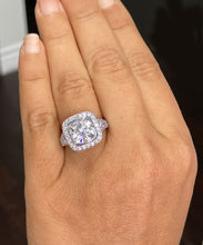 Load image into Gallery viewer, Huge and Heavy 14K Solid White Gold Cushion Cut Simulated Diamond Engagement Ring Bezel Set Halo Wedding Anniversary Round Cut 4.50ctw