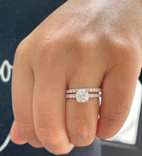 Load image into Gallery viewer, 14K Solid Rose Gold Cushion And Round Cut Simulated Diamond Engagement Ring And Band Bridal Set Wedding Set Halo Propose 2.10ct