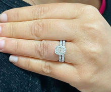 Load image into Gallery viewer, 14k Solid White Gold Emerald And Round Cut Simulated Diamond Engagement Ring And Band Halo Bridal Wedding Set 2.00ct