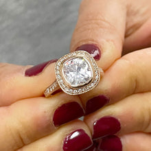 Load image into Gallery viewer, LARGE 14k Solid Rose Gold Cushion And Round Cut Simulated Diamond Engagement Ring Bezel Bridal Wedding Halo 3.50ctw