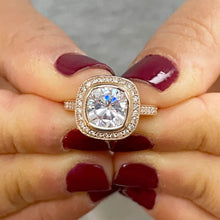 Load image into Gallery viewer, 14k Solid Rose Gold Cushion Cut Moissanite and Natural Diamond Engagement Ring Bezel Set, Bridal, Wedding Halo 3.30ctw