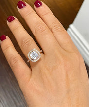 Load image into Gallery viewer, 14k Solid Rose Gold Cushion Cut Forever One Moissanite and Natural Diamond Engagement Ring Bezel Set, Bridal, Wedding Halo 3.30ctw