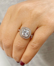 Load image into Gallery viewer, 14k Solid Rose Gold Cushion Cut Moissanite and Natural Diamond Engagement Ring Bezel Set, Bridal, Wedding Halo 3.30ctw