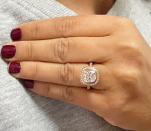 Load image into Gallery viewer, LARGE 14k Solid Rose Gold Cushion And Round Cut Simulated Diamond Engagement Ring Bezel Bridal Wedding Halo 3.50ctw