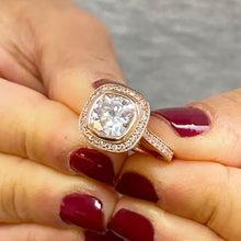 Load image into Gallery viewer, LARGE 14k Solid Rose Gold Cushion And Round Cut Simulated Diamond Engagement Ring Bezel Bridal Wedding Halo 3.50ctw