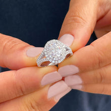 Load image into Gallery viewer, 14k Solid White Gold Oval and Round Cut Forever One Moissanite and Natural Diamond Engagement Ring Double Halo Split Shank Design 2.80ctw