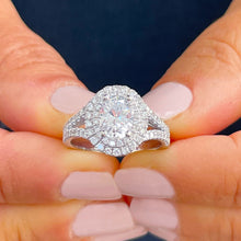 Load image into Gallery viewer, 14k Solid White Gold Oval and Round Cut Forever One Moissanite and Natural Diamond Engagement Ring Double Halo Split Shank Design 2.80ctw