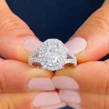 Load image into Gallery viewer, 14k Solid White Gold Oval and Round Cut Moissanite and Natural Diamond Engagement Ring Double Halo Split Shank Design 2.80ctw