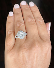Load image into Gallery viewer, 14k Solid White Gold Oval and Round Cut Forever One Moissanite and Natural Diamond Engagement Ring Double Halo Split Shank Design 2.80ctw