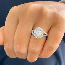 Load image into Gallery viewer, 14k Solid White Gold Oval and Round Cut Forever One Moissanite and Natural Diamond Engagement Ring Double Halo Split Shank Design 2.80ctw