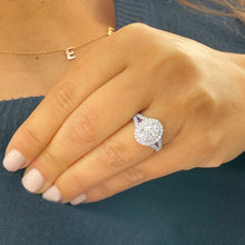 Load image into Gallery viewer, 14k Solid White Gold Oval and Round Cut Forever One Moissanite and Natural Diamond Engagement Ring Double Halo Split Shank Design 2.80ctw