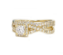 Load image into Gallery viewer, 1.50 Carat Princess Cut Simulated Diamond Engagement Ring And Band Bridal Set Wedding Halo 14k Solid Yellow Gold