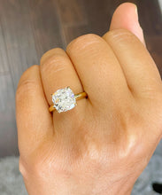 Load image into Gallery viewer, IGI Certified Three Carat 14k Yellow Gold Cushion Cut Diamond Engagement Ring Prongs, Solitaire F-VS2