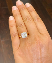 Load image into Gallery viewer, 14K Solid Yellow Gold Cushion Cut Forever One Moissanite Engagement Ring Deco, Bridal, Wedding, Anniversary, Four prong, Solitaire 4.00ctw