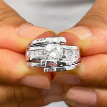 Load image into Gallery viewer, 14k solid and heavy white gold round simulated diamond engagement ring and band tension set bridal set 1.00ct