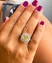 Load image into Gallery viewer, Huge 6.00 Carats 14k Solid White Gold Cushion Cut Simulated Fancy Yellow Diamond and simulated Diamonds Engagement Ring Halo