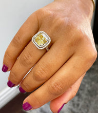 Load image into Gallery viewer, Huge 6.00 Carats 14k Solid White Gold Cushion Cut Simulated Fancy Yellow Diamond and simulated Diamonds Engagement Ring Halo