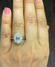 Load image into Gallery viewer, Large 14k solid white gold emerald and round cut simulated diamond engagement ring halo bridal wedding prong set 2.95ct