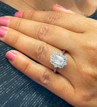 Load image into Gallery viewer, 14k solid white gold emerald cut moissanite and round cut natural diamond engagement ring halo bridal set 3.05ct