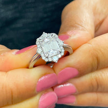 Load image into Gallery viewer, Large 14k solid white gold emerald and round cut simulated diamond engagement ring halo bridal wedding prong set 2.95ct